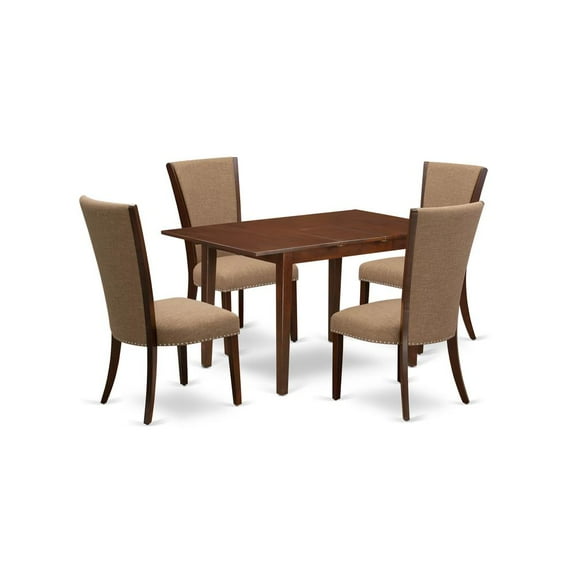 East West Furniture East-West Furniture NFVE5-MAH-47 - A dining room table set of 4 amazing parson dining chairs using Linen Fabric Light Sable color and a gorgeous wood kitchen table in Mahogany...