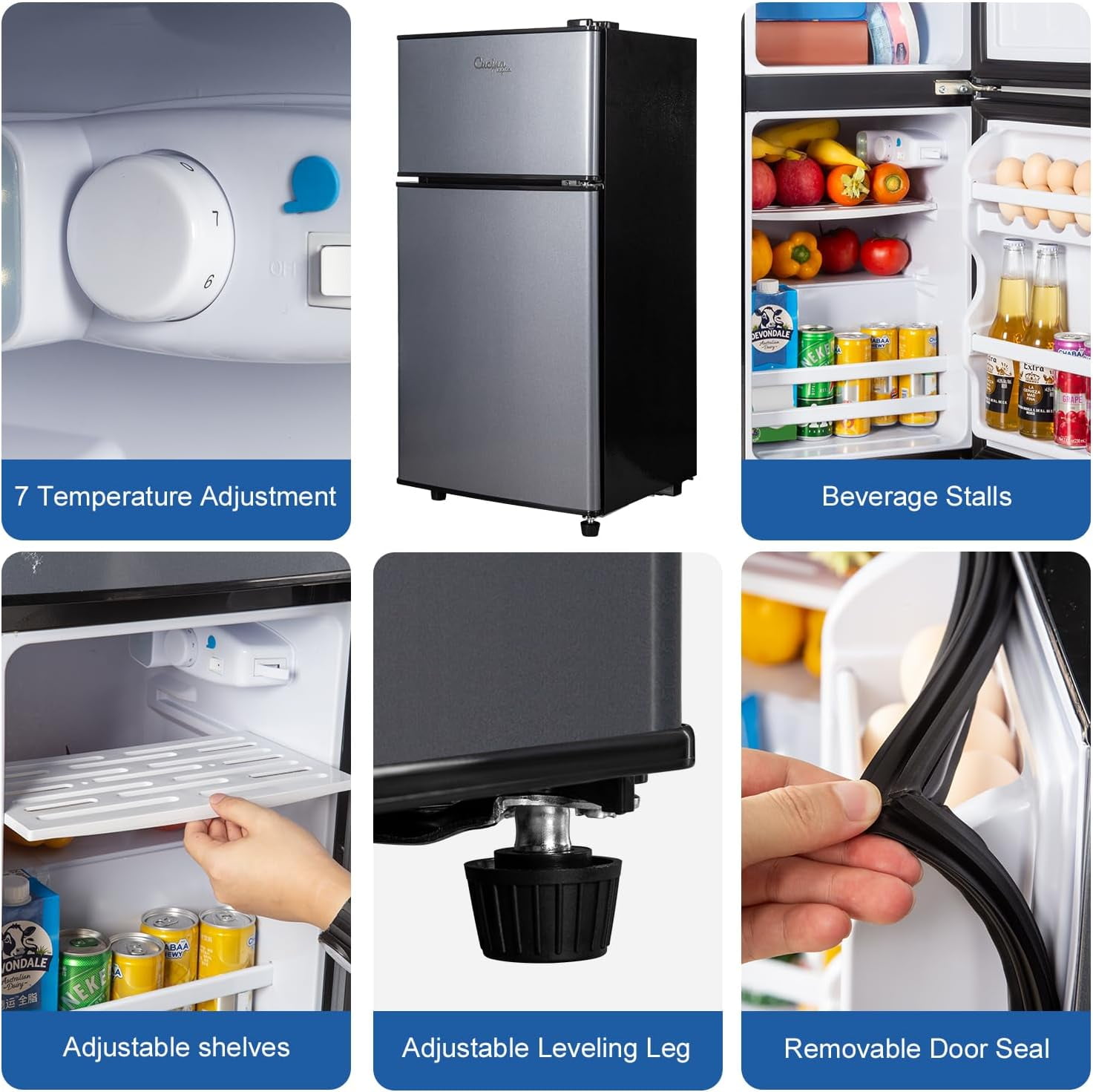 2.9 Cu.Ft Mini Fridge with Freezer, Double Door Small Refrigerator, 7-Level Adjustable Thermostat, Energy Saving Low Noise, Removable Glass Shelf, Blue, Compact Dorm Office Beverage Fridge