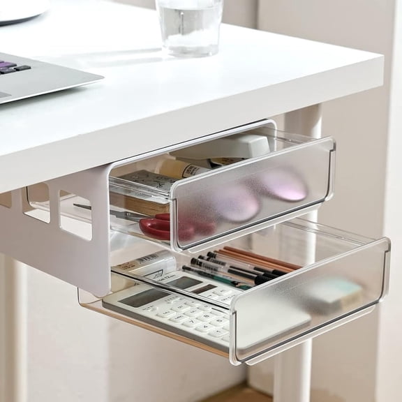 Under Desk Drawer, Hidden Self-Adhesive Under Desk Storage Drawer, 2-Layer Slide Out Under Mount Desk Drawer, Under Desk Organizer and Storage for Office, Classroom, Home