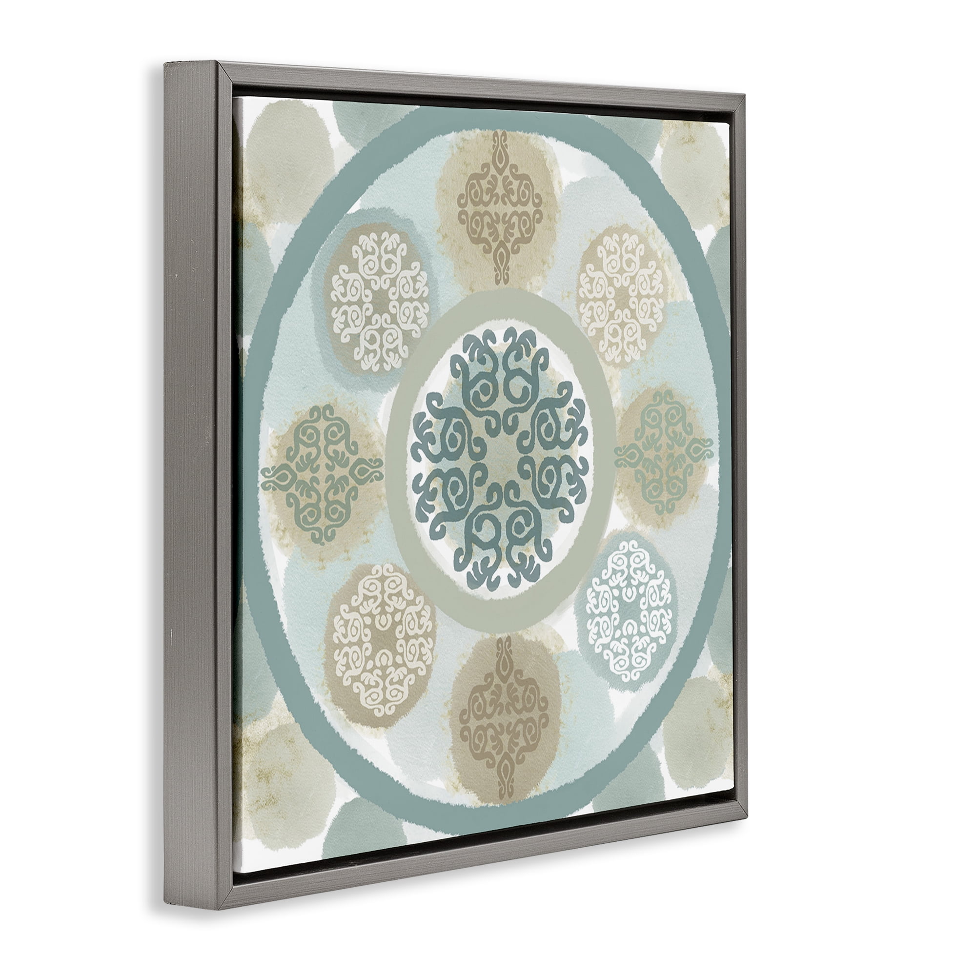 Stupell Industries Mint Mandala Fractals Abstract Painting Gray Floater Framed Canvas Art Print Wall Art, 25 x 25