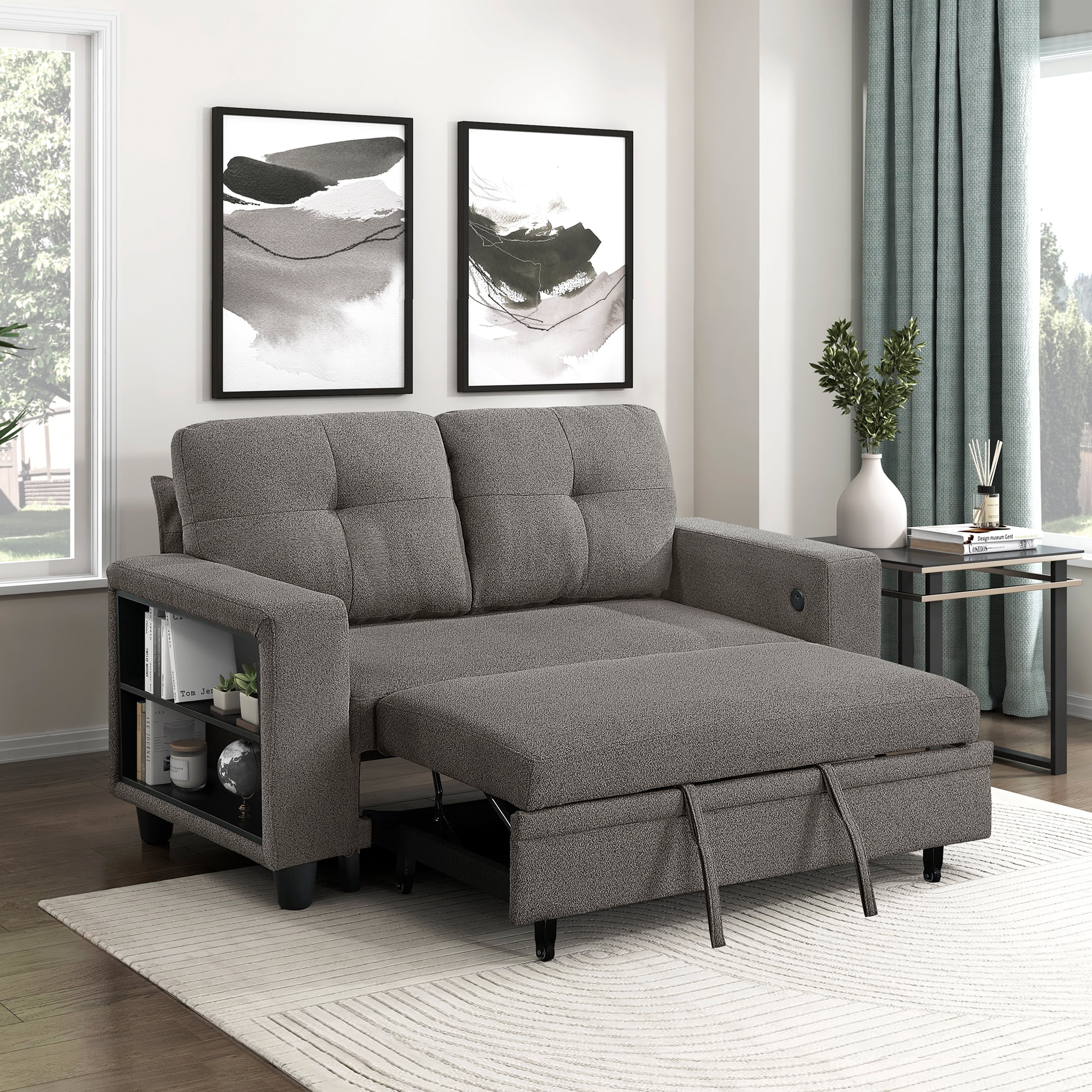 OakvillePark Vessarion Boucle Love Seat with Pull-out Bed, Shelves and Charging Ports, Dark Brown