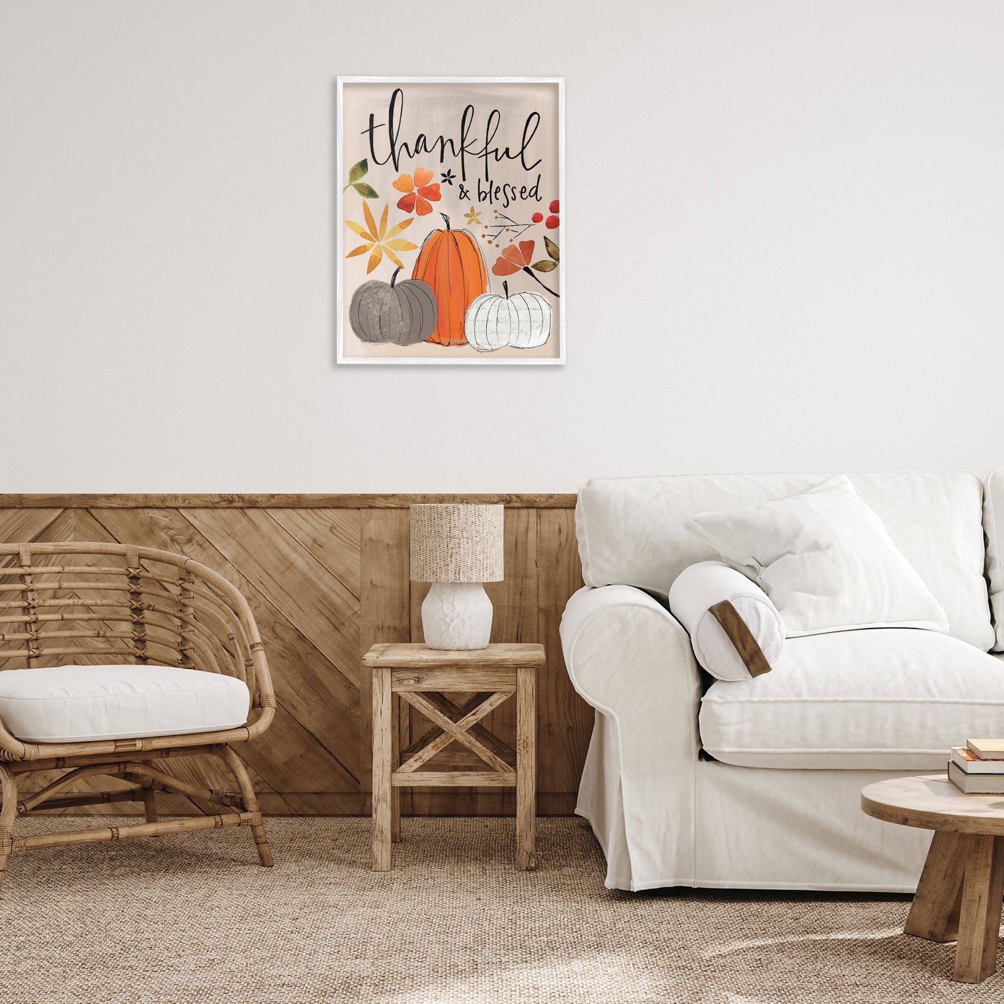 Stupell Industries Thankful & Blessed Pumpkins Botanical & Floral Painting White Framed Art Print Wall Art, 24 x 30