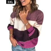 Women Color Block Striped Sweater Loose Knit Jumper
