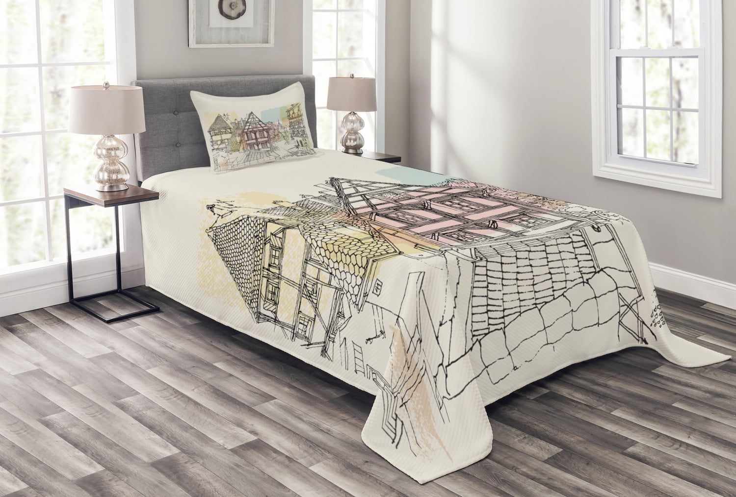 German Bedspread Set Twin Size, Historic Traditional Scene Nuremberg