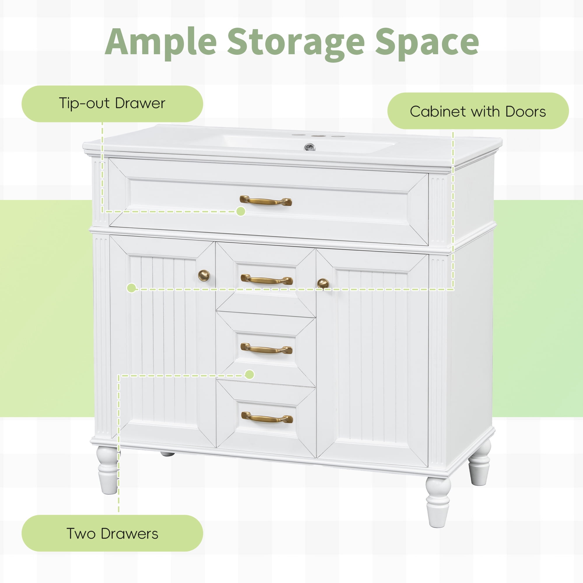 Euroco 36 Inch Bathroom Vanity with Sink Combo, White Freestanding Cabinet with Ceramic Basin, MDF + Solid Wood Frame, Flip-Out Top Drawer, Soft Close Doors, 2 Storage Drawers, Golden Handles