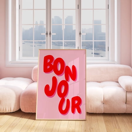 Bonjour Pink Red French Typography Wall Art, Unframed Paper Print Size 8x12