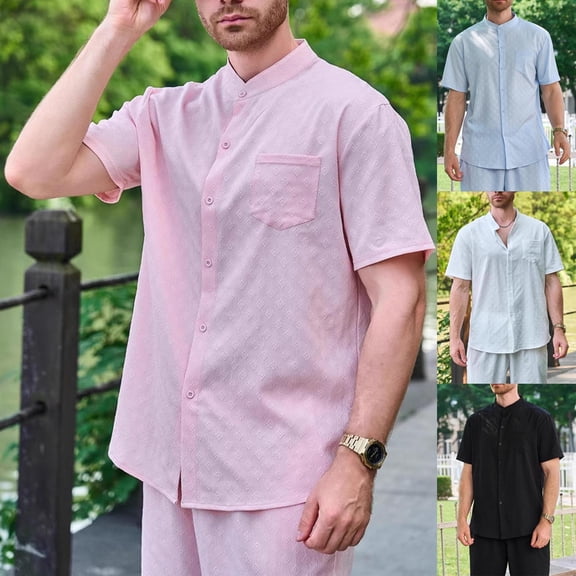 Einccm Men's Short Sleeve Casual Shirt, Stand-Up Mandarin Collar Solid Color Polyester Top, Breathable Comfy Classic Fit for Daily Wear, Work, Outdoor