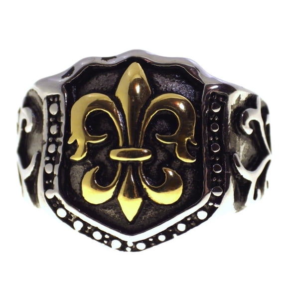 Mens Silver Gold 316L Stainless Steel Fleur de Lis Royal Signet Ring Fantasy Forge Jewelry