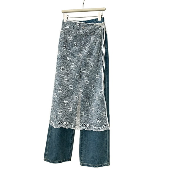 Korean See Through Mesh Long Skirt for Women Tie Up Hollow Flower Pattern Sheer Lace Hip Covering Skirt Overskirt