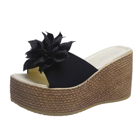 

Sandals Women Fashion Summer Women Sandals Wedge Heel Thick Sole Super High Heel Flower Solid Color Womens Sandals Pu Black 40