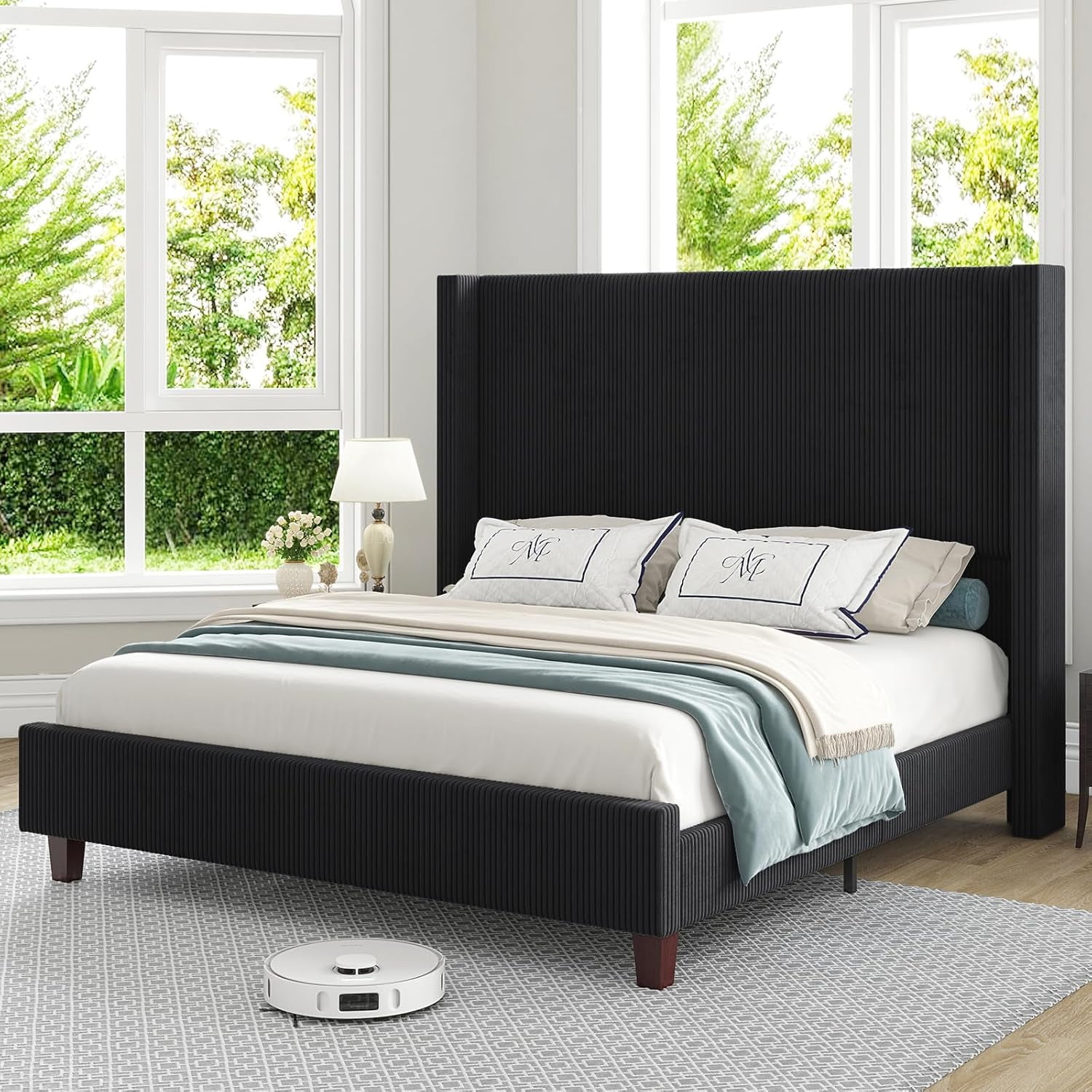 VanAcc King Size Platform Bed Frame with 62" Headboard Corduroy Upholstered Bed/Wingback/No Box Spring Needed/Noise Free/Black
