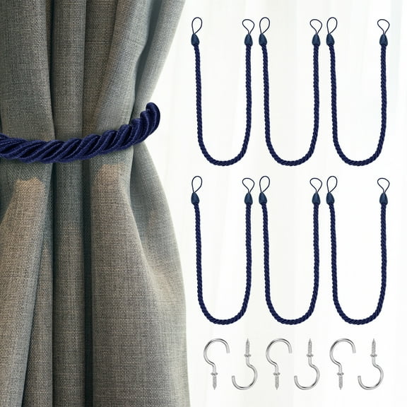 Uxcell 6 Pack Curtain Tiebacks, 74cm/29" Braided Drapery Holdback Holder Decorative Rope Tie Back with Metal Screw Hooks for Home Office Decor, Navy Blue