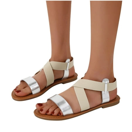 

Women s Summer Casual Dressy Cute Flat Sandals Elastic Ankle Strap Summer Flat Sandals Fashion Two Band Strappy Shoes