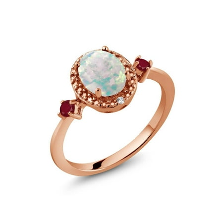 18k Ruby Ring - 1.30 Ct Simulated Opal Ruby 18K Rose Gold Plated Silver Ring With Accent Diamond