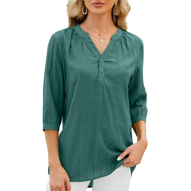 Daeful Blouse pour Dames Col en V Chemises de Travail Manches 3/4 Tops Amples Vert Foncé L
