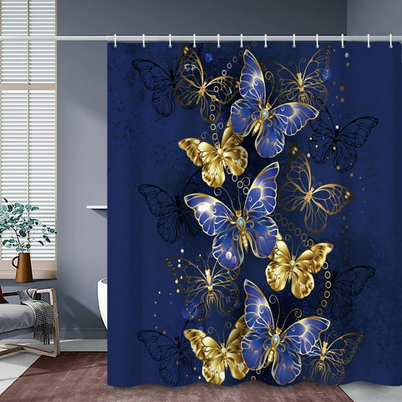 SUNOLIFE Blue Butterfly Shower Curtain Navy Blue Waterproof Fabric Bathroom Curtain with Hooks,72x72 in