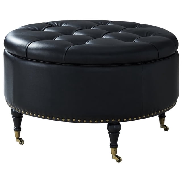Landon Ottoman de Rangement en Cuir PU Noir - Rond - Capitonné - Roulettes