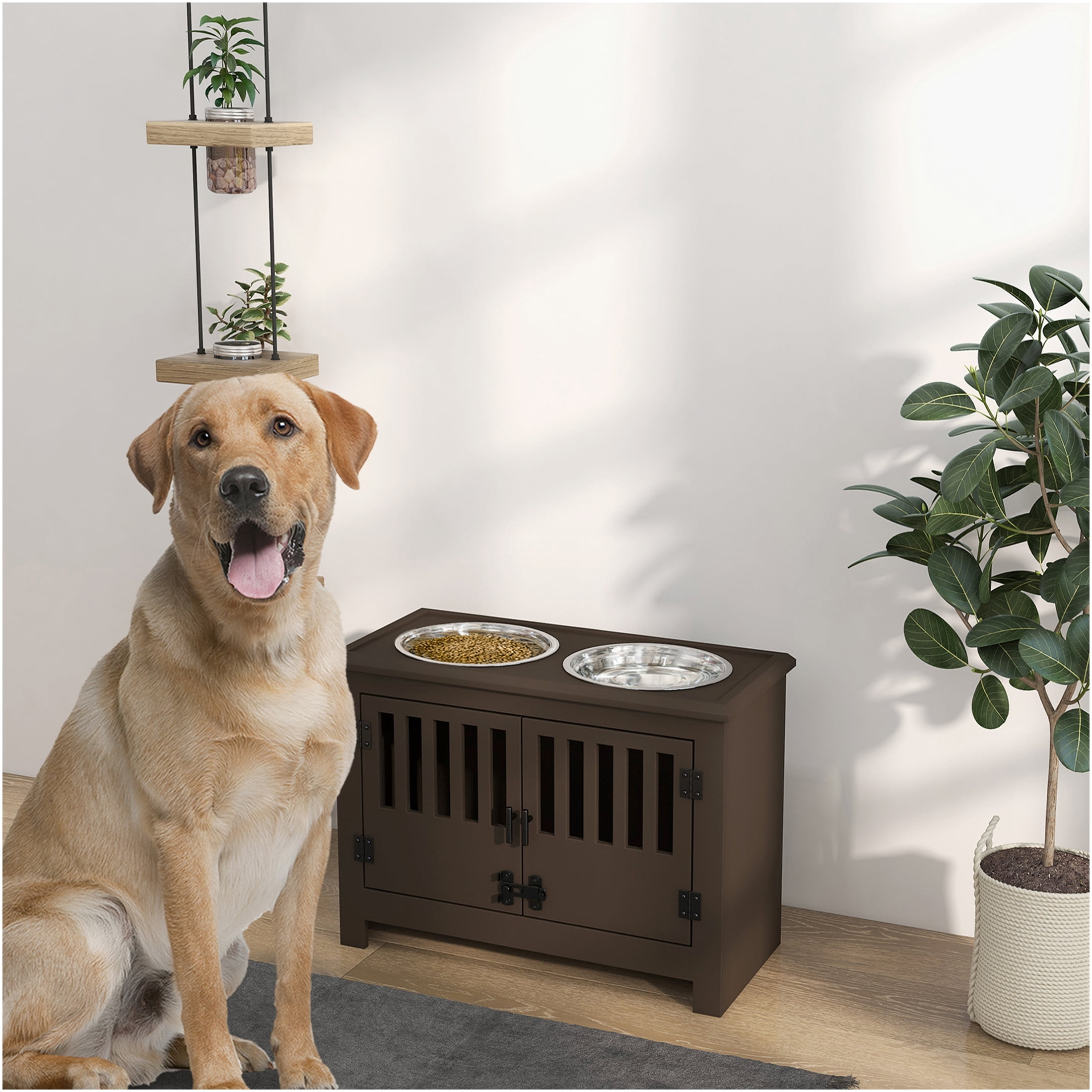 JERFIT Elevated Dog Feeder with Storage Cabinet, 37L Pet Food Organizer Stand with 2 Stainless Steel Bowls for Large Dogs, Espresso