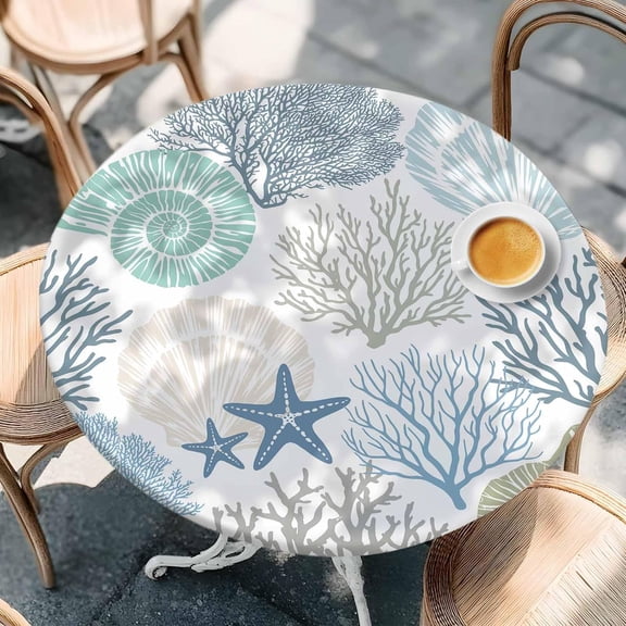 Blue Coral Round Fitted Tablecloth with Elastic Edged, Ocean Shells Fitted Circle Tables Cover Wipeable Waterproof Table Cloth for Indoor Outdoor Use Tabletop Decor Conch Starfish Marine Life