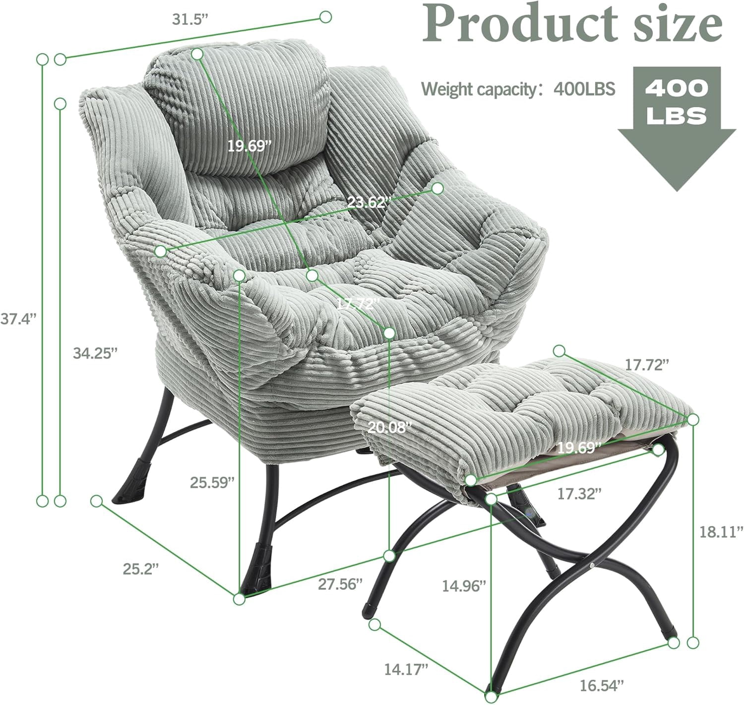 MOONMISS Corduroy Upholstered Oversized Lazy Chair Set of 2 with Folding Ottoman and a Side Pocket,Light Green