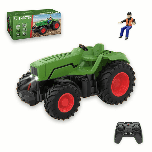Remote Control Tractor Farm Vehicle Battery-Powered 1/24 Scale Green with Farmer Figure 1-Pack