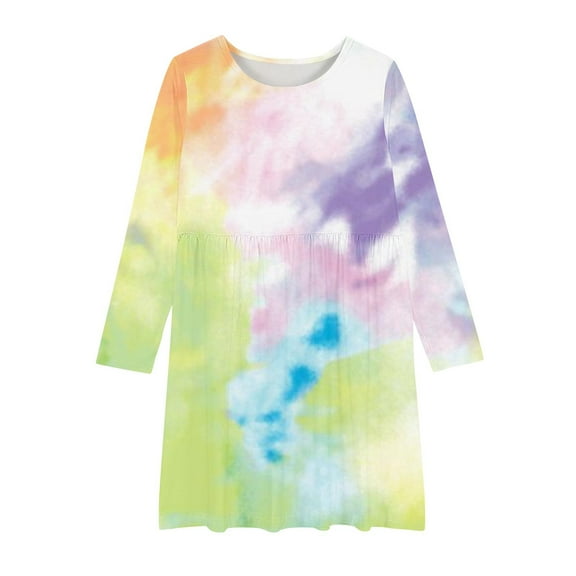 CHEEREAM Girls Tie Dye Dress Clothes Kids Cotton Long Sleeve School Twirly Skater Dress Size 5-14 Years