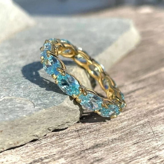 New Jewels 3Ct Oval Cut Lab-Created Aquamarine 14K Yellow Gold Plated Women's Wedding Band Ring Sterling Silver