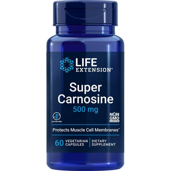 Life Extension Super Carnosine, L-carnosine, luteolin, vitamin B1, muscle support, exercise recovery, heart health, gluten-free, non-GMO, vegetarian, 60 capsules
