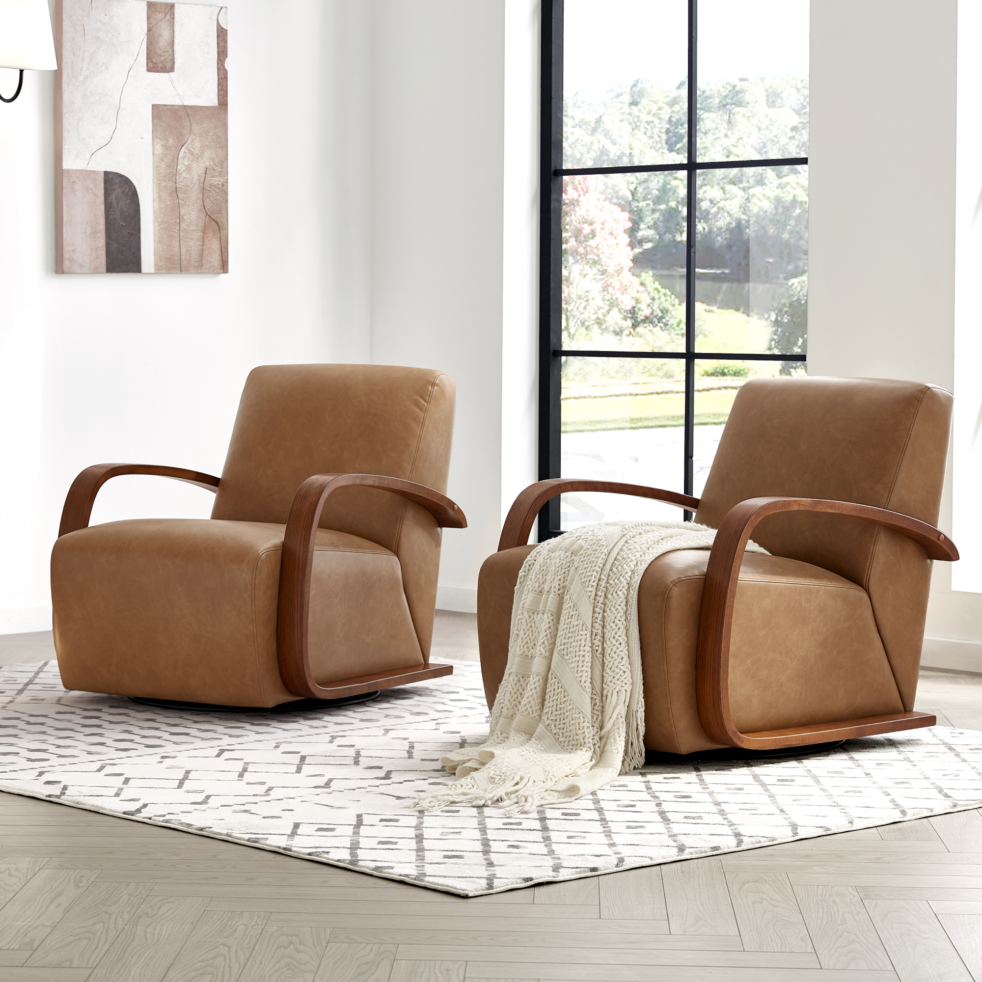 CHITA Swivel Accent Chair with U-shaped Wood Arm for Living Room Beedroom, Cognac Brown & Walnut - image 2 of 14