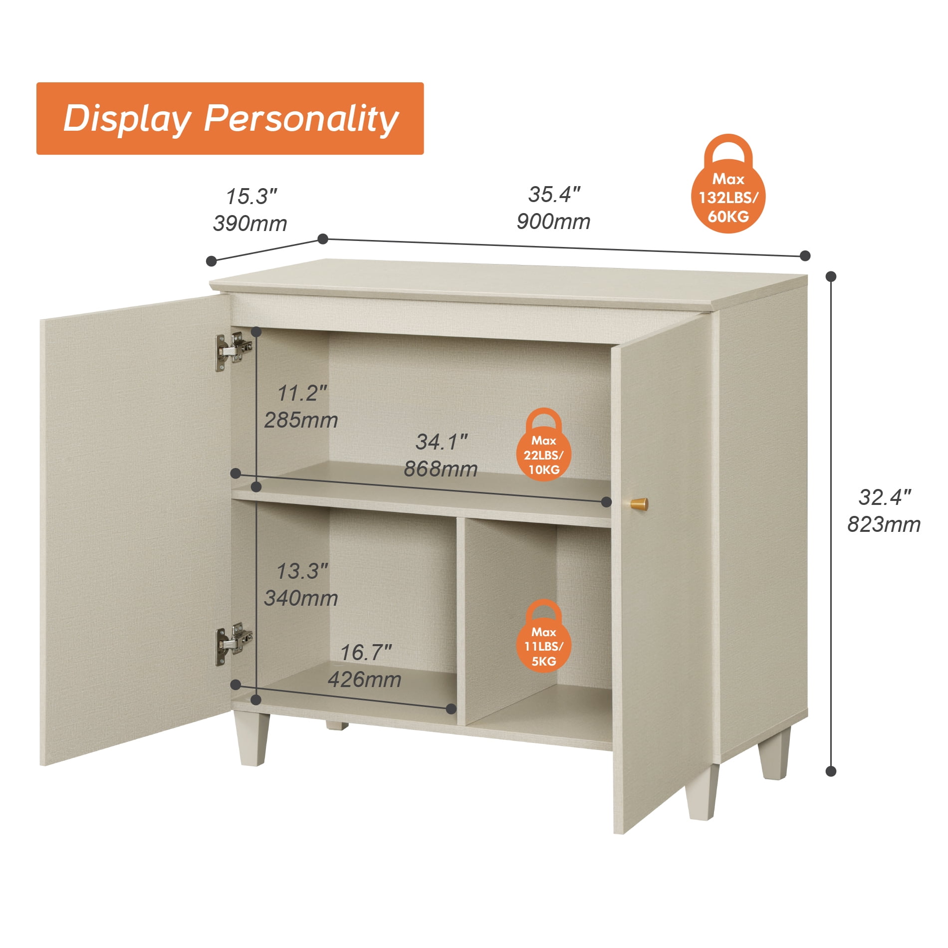 Large Bedside Table with Cabinet and 2 Doors, Wood Nightstand for Bedroom, Beige Gray
