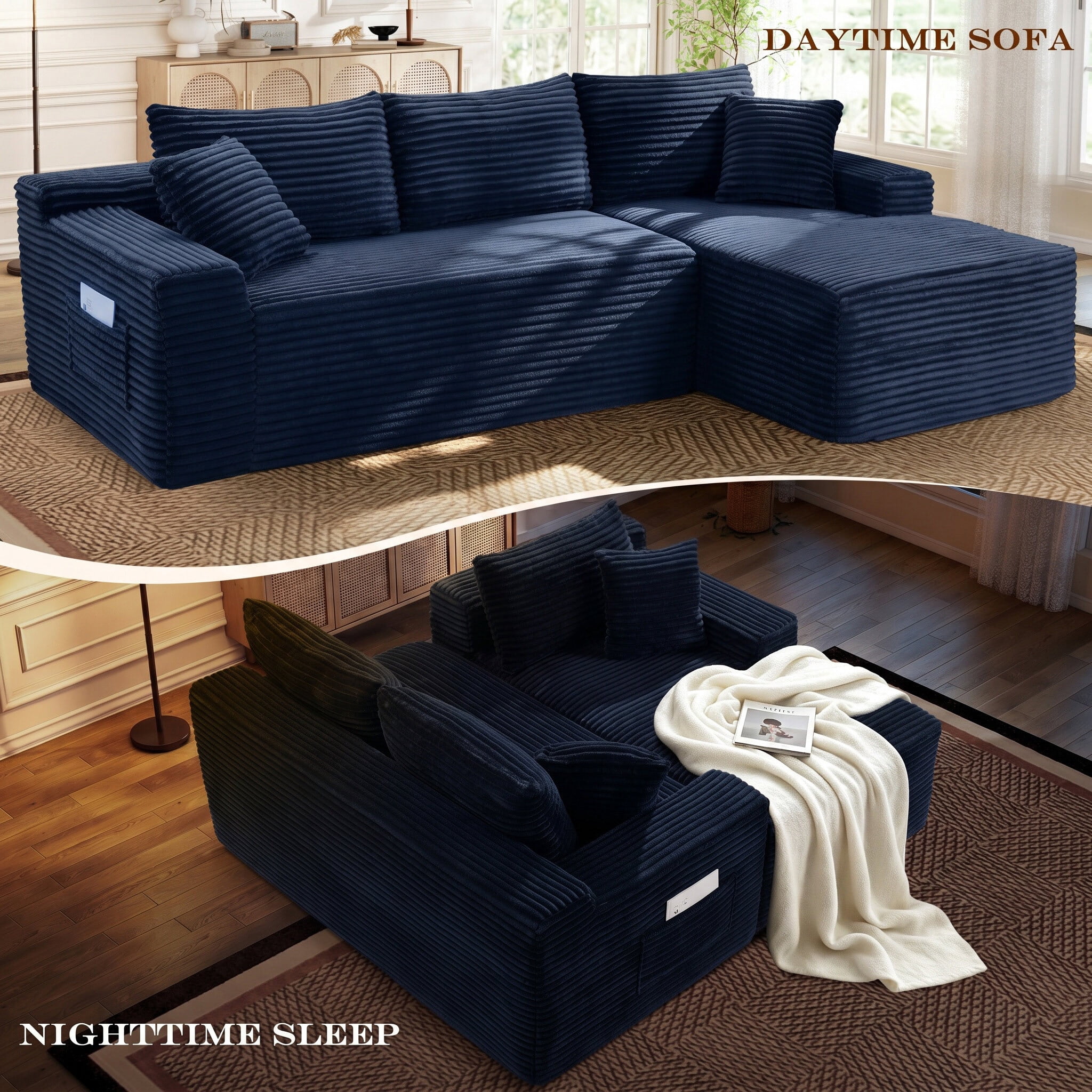 Lunale Small Modular Sectional Sofa with Movable Chaise, L-Shaped Boneless Cloud Couch for Living Room, Blue (Right Facing Chaise)