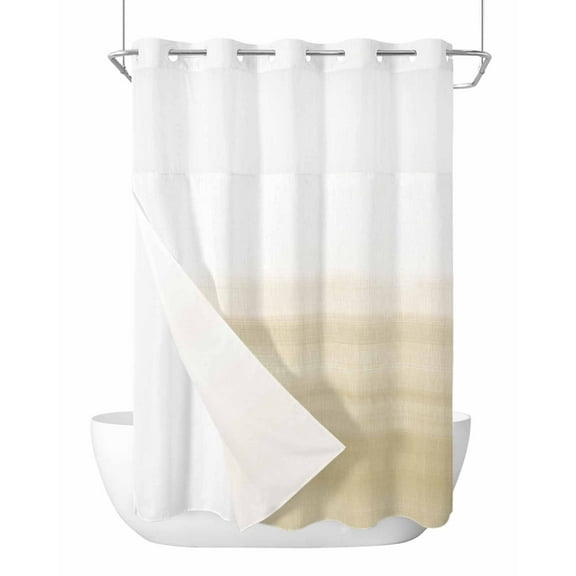 No Hook Shower Curtains, Beige White Stripes Standard Bathroom Curtains with Snap in Liner, Farmhouse Modern Gradient Lines Waterproof Washable Fabric Bathroom Shower Curtain Sets, 60" x 72"