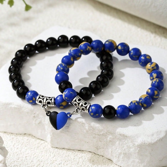 Natural Stone Couple Magnetic Bracelets - Heart Magnet Beaded, Valentine's Friendship Jewelry