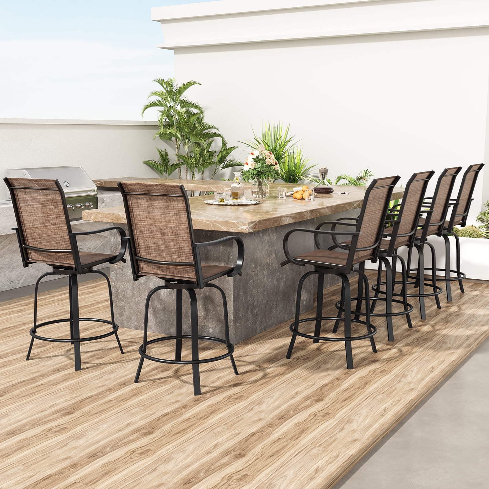 MAYEERTY 4-Piece Outdoor Bar Height Tall Stools Set,Textilene,360°Swivel, Ergonomic for Balcony, Brown