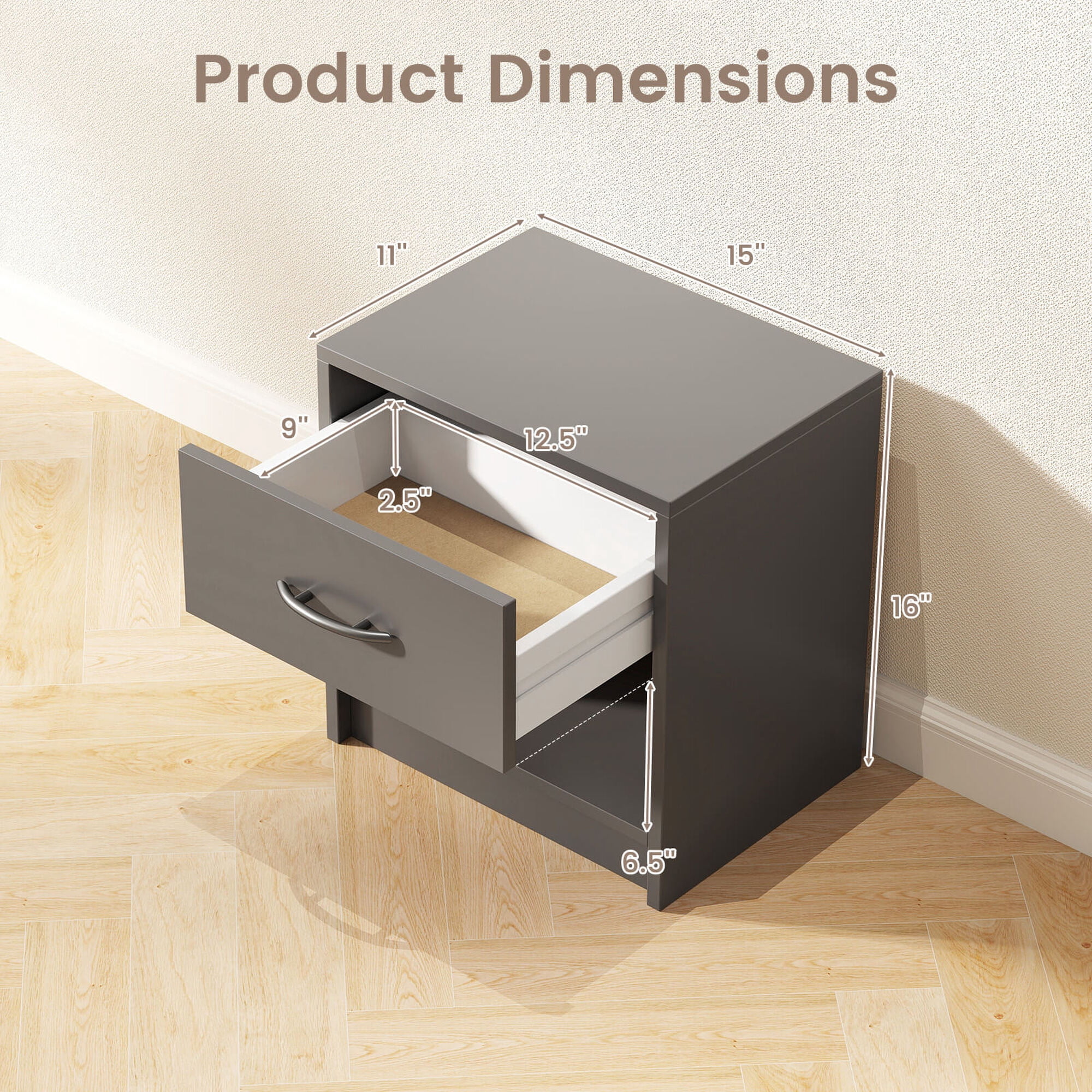 Costway Modern Nightstand Bedside Table with Drawer Open Storage Shelf for Small Spaces Dark Gray