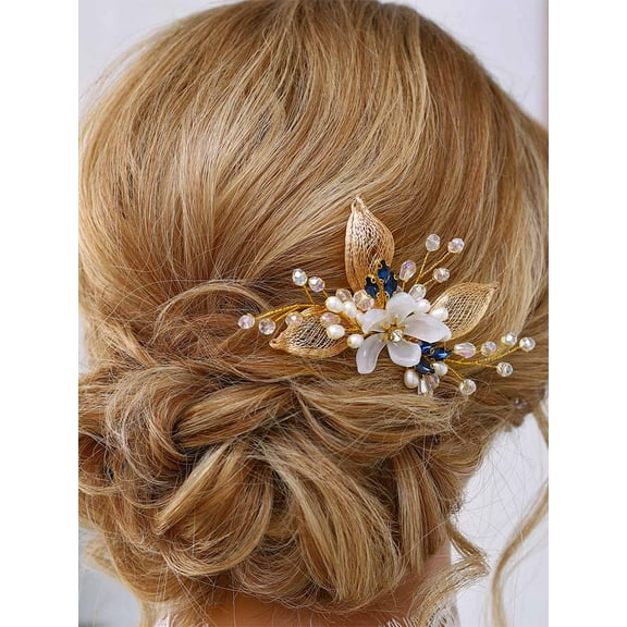 Flower Bride Wedding Hair Comb Gold Rhinestone Hair Pieces Bridal Hair Accessories for Women and Girls