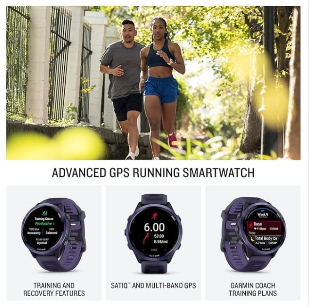 Garmin Forerunner 570 47mm Advanced GPS Running & Triathlon Smartwatch AMOLED Display Training & Recovery, Indigo Aluminum w/ Translucent Imperial Purple/Indigo Band w/ Wearable4U BLK EarBuds Bundle