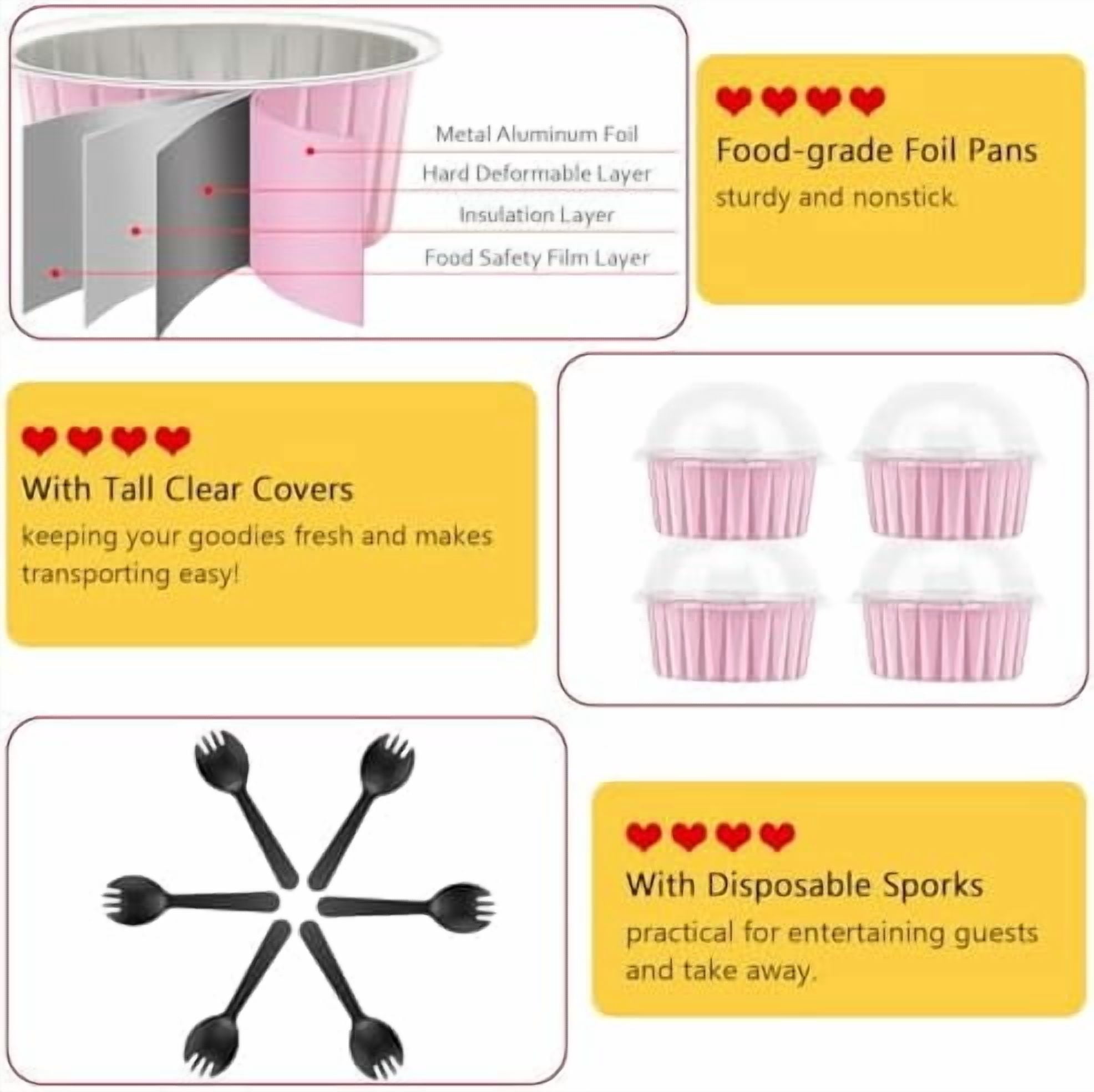 5oz Cupcake Pans with Dome Lids 100 Pack, Aluminum Foil Small Cake Baking Tin,Disposable Ramekins Cupcake Baking Cups Containers,Mini Pie Pans Muffin Tins Jumbo Cupcake Liners-Pink