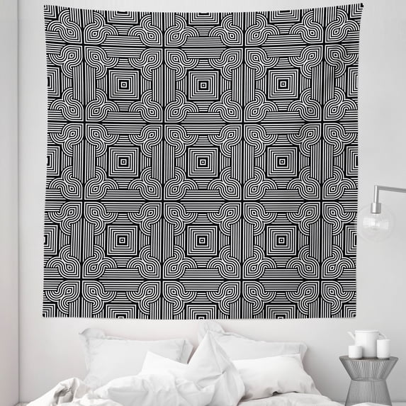 Contemporary Tapestry, Stripy Geometrical Pattern with Swirling Motifs and Square Shapes Tile, Fabric Wall Hanging Decor for Bedroom Living Room Dorm, 5 Sizes, Black and White, by Ambesonne