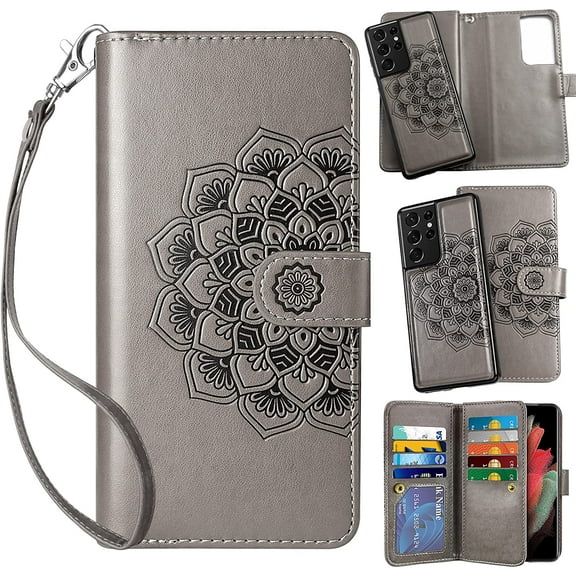 Galaxy S21 Ultra Case Wallet Credit Card Holder Slot 2-in-1 Detachable Wrist Strap Hybrid Protective Slim Hard Shell Magnetic Leather Folio Pocket for Samsung Galaxy S21 Ultra Cover Grey
