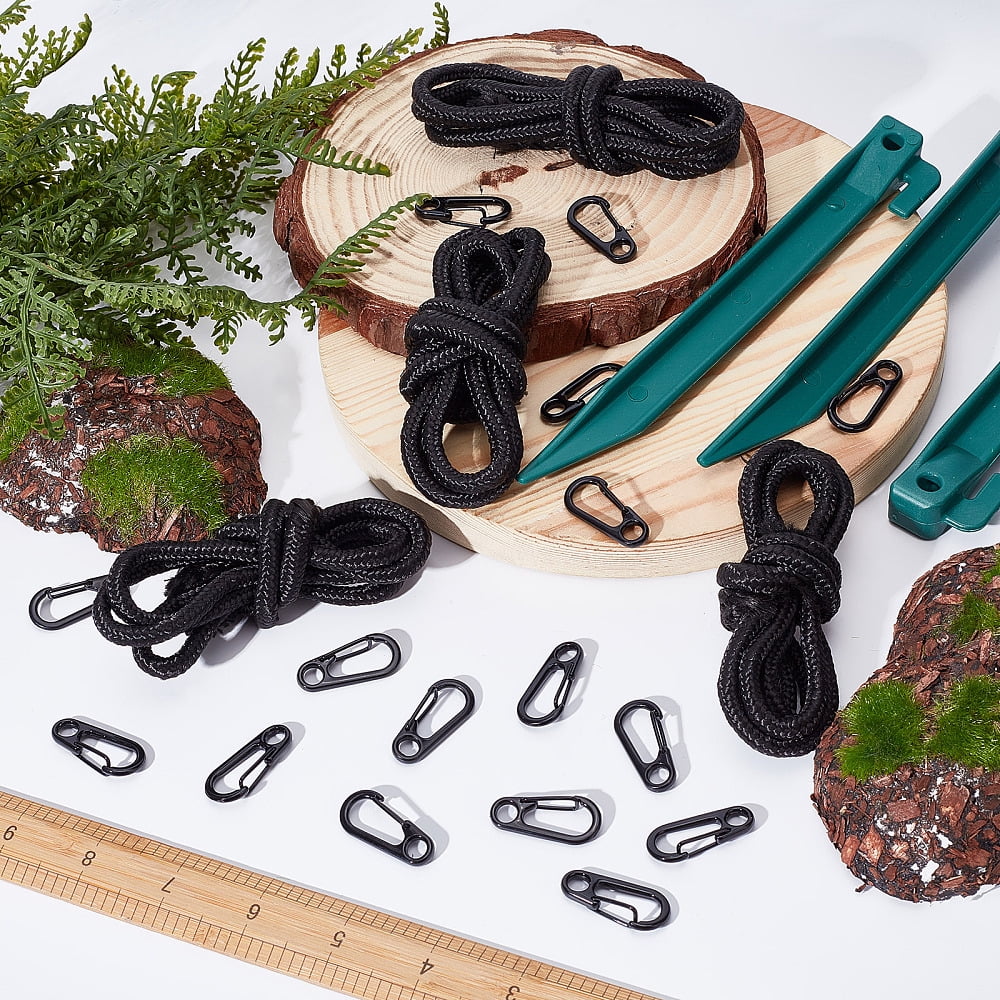 18 Sets Landscape Edging Stakes Tent Pegs Spikes with Spring Gate Rings Nylon Pull Rope for Campings Outdoor Edging and Terrace Board