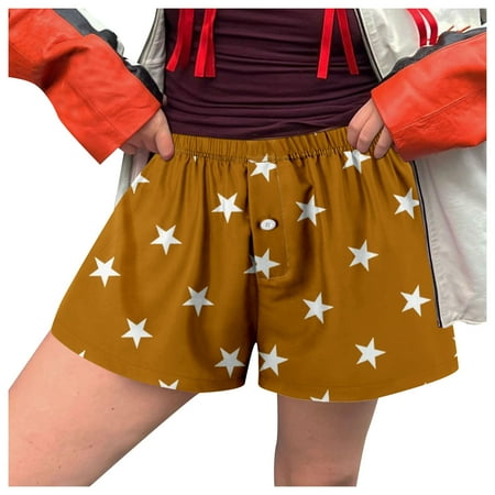 Blphud Short Summer Skirts Women s Shorts plus Size Women Shorts Soft Elastic Low Waist Print Button Front Pajama Bottoms Boxer Shorts Sleepwear Womens Short Cotton Brown M