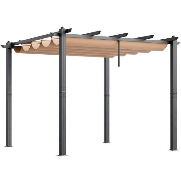 KFFKFF 10'x10' Aluminum Patio Pergola, Retractable Sun Shade Canopy, Ideal for Outdoor Gardens, Decks, and Backyards - Beige