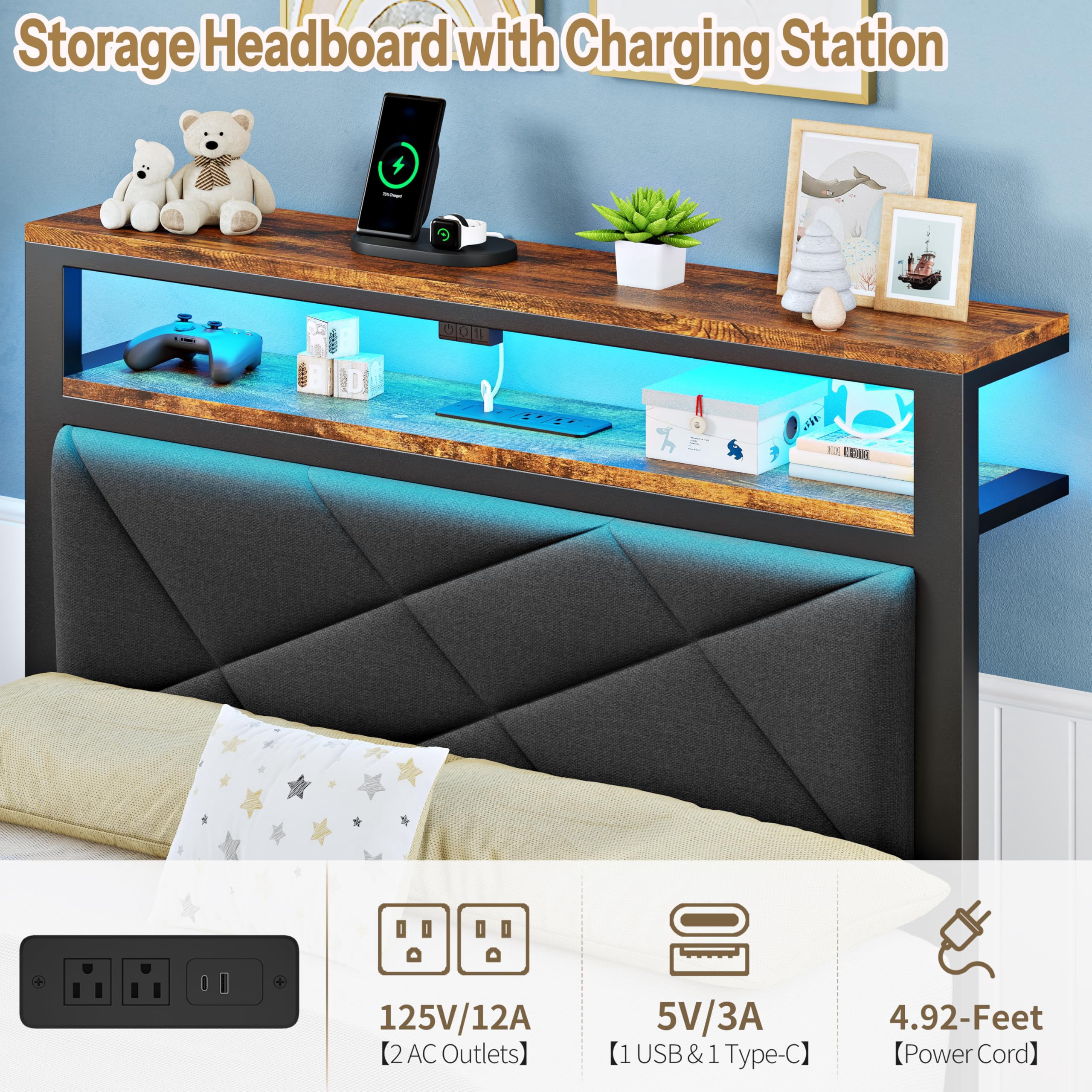 ChicZhiNest Twin Size Bed Frame with Storage Headboard and LED Light, Metal Platform Bed with Charging Station, Dark Gray