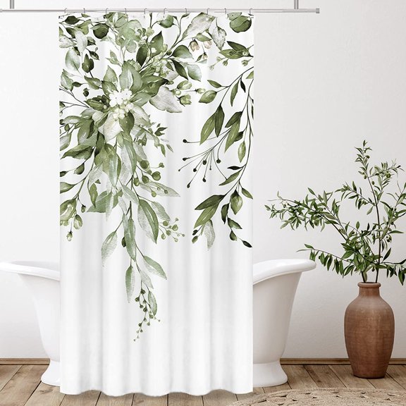 Olive Green Eucalyptus Shower Curtain Sets, Watercolor Leaves on The Top Plant with Floral Bathroom Decoration 36x72 Inch with Hooks