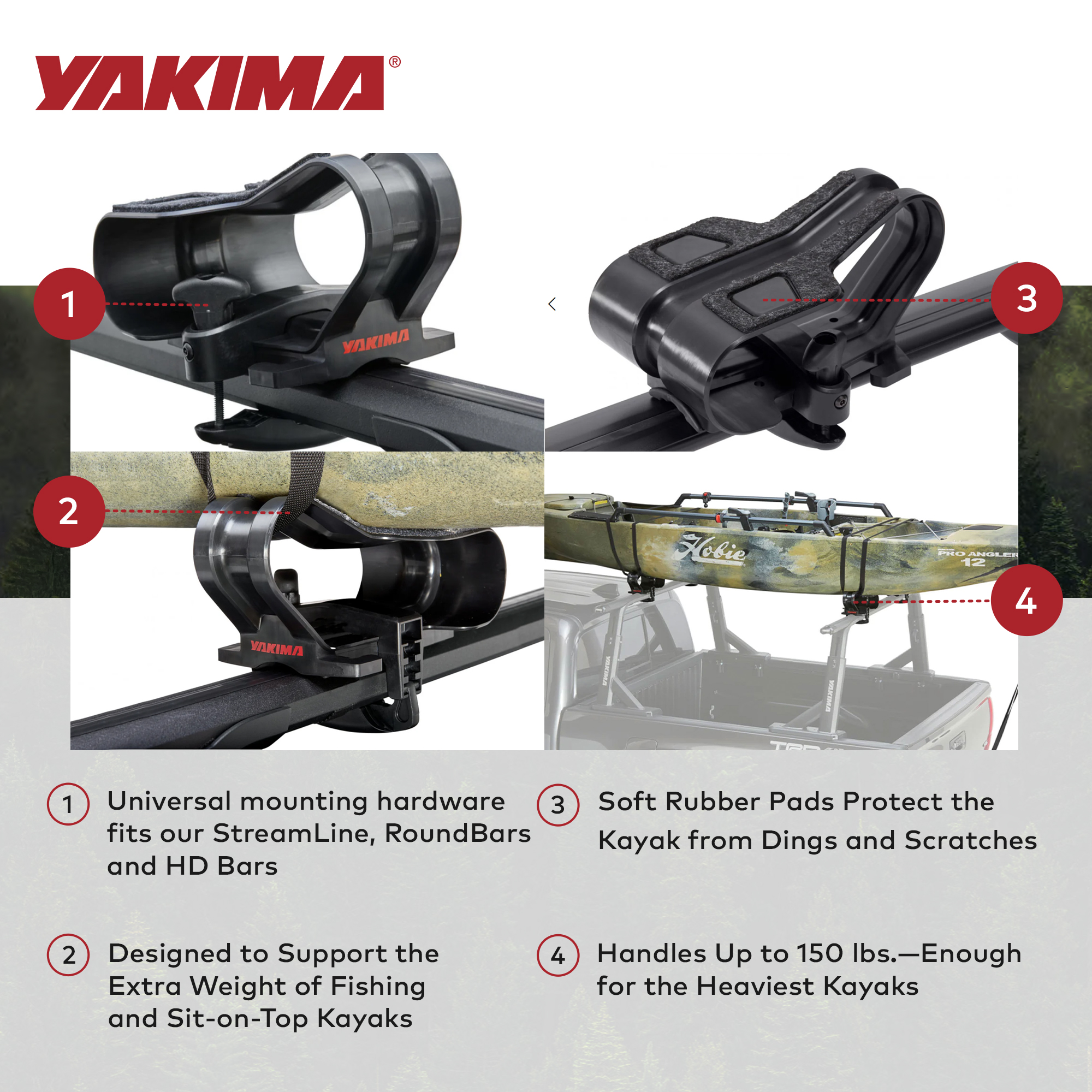Yakima BigCatch Kayak Fishing Boat Saddles for Roof Racks and Trailers, Black
