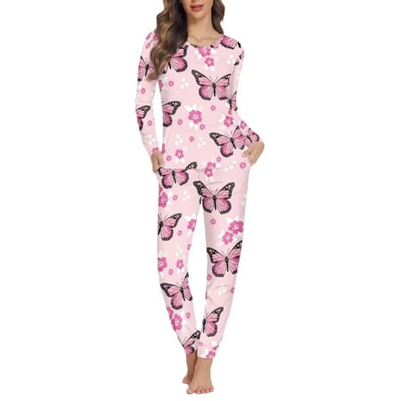 

Pzuqiu Ladies Pajamas Sets Pants & Top Two Pieces Cozy Winter/Spring/Fall Pj Butterfly Floral Round Neck Indoor/Outdoor Clothing Lightweight Loungewear Fit for Size L