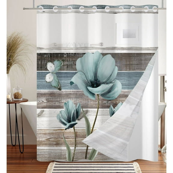 MIZHONA Blue Floral Shower Curtain with Snap in Liner Farmhouse Fabric No Bathroom Curtains,71"× 71"