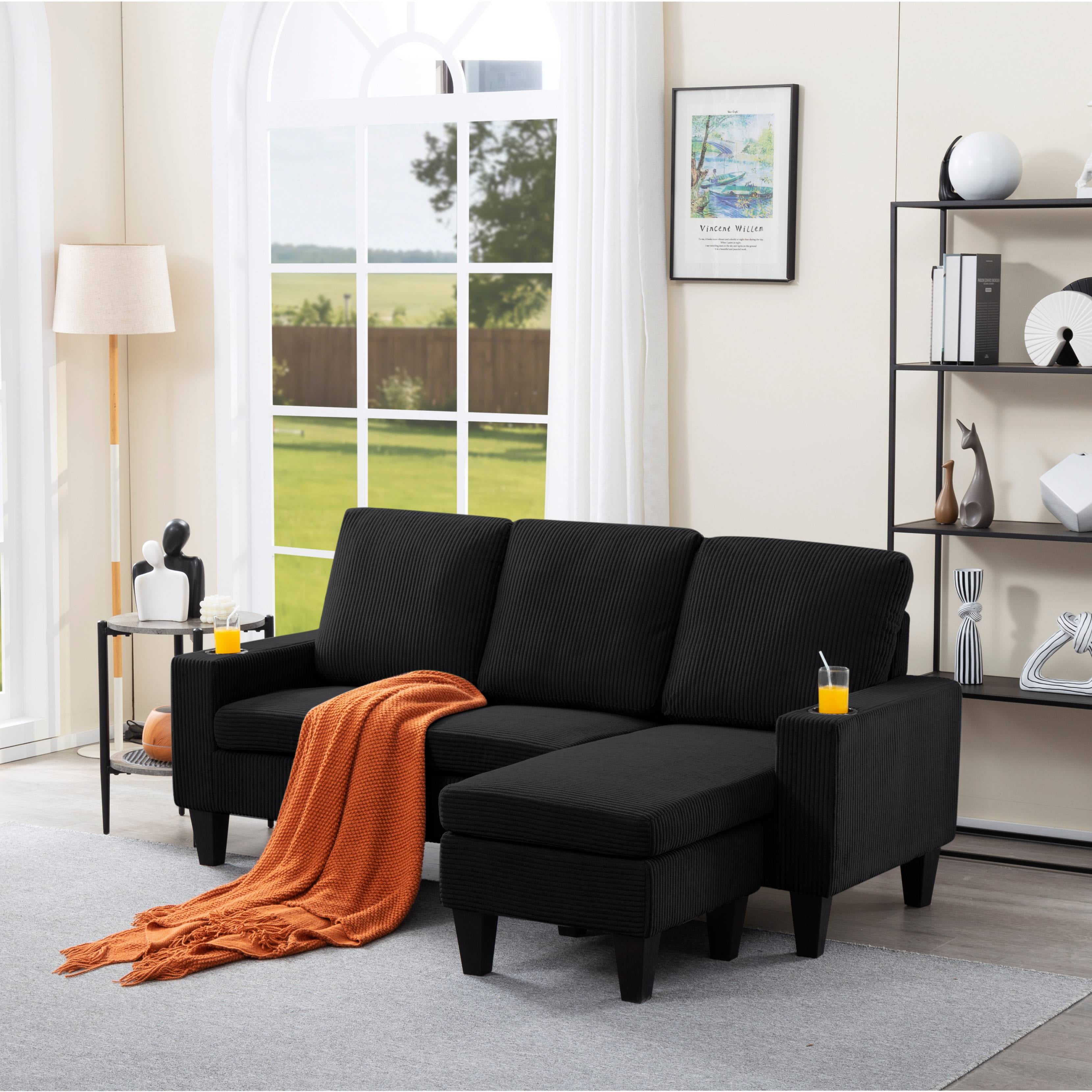 BSHTI 69.88 inch Modern Style Sectional L-Shaped Sofa Couch, 3-seater Sofa Couch with movable ottoman for Livingroom,Black