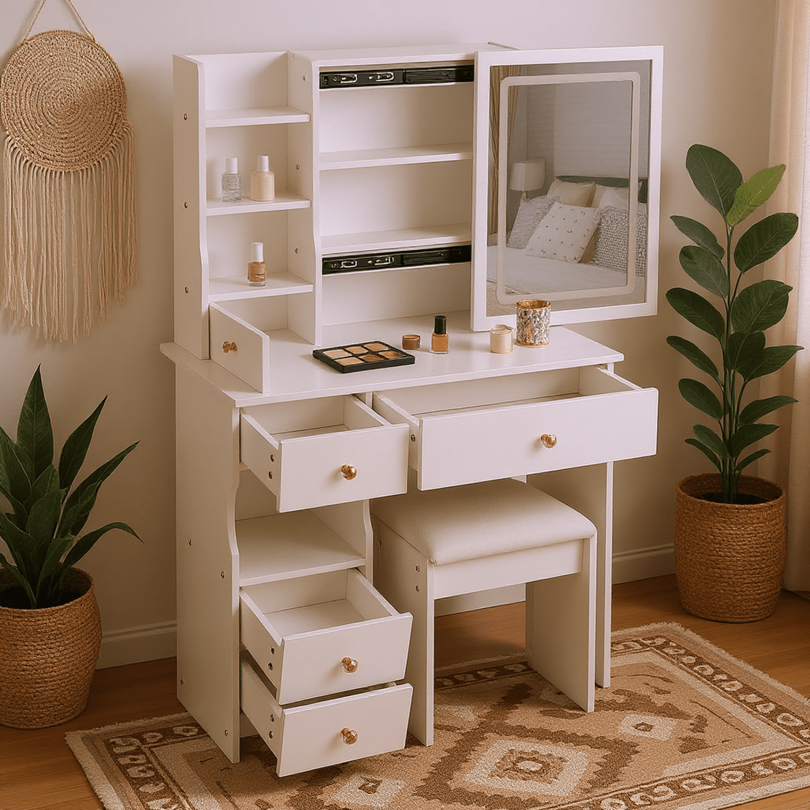 Homy Casa Vanity Desk with LED Lighted Mirror, Makeup Vanity Table with Drawers, Shelves, and Stool